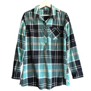 Patagonia Plaid Flannel Tunic Shirt Teal Navy Blue Organic Cotton Womens M